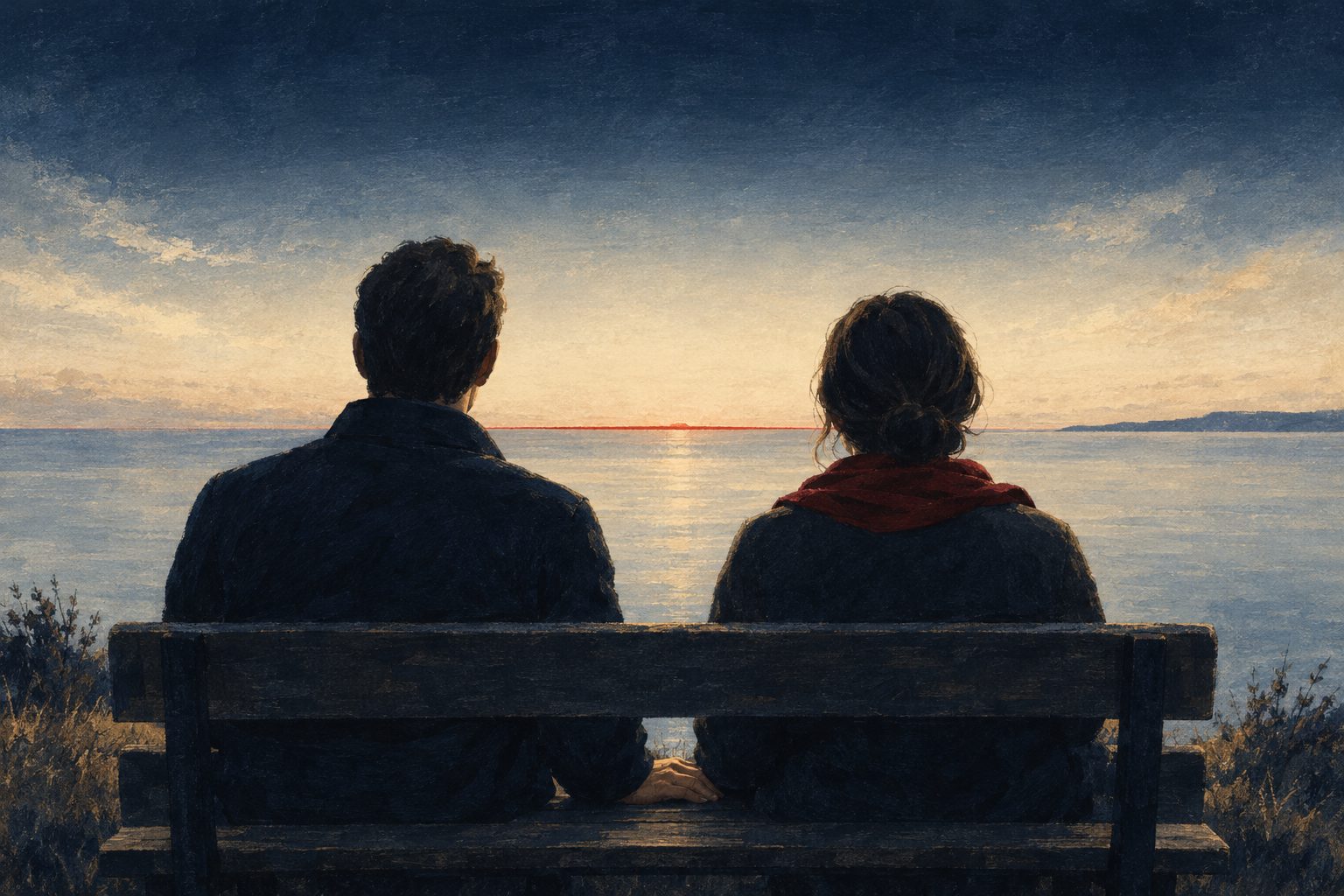 Two people seated side by side on a bench facing the horizon at dawn