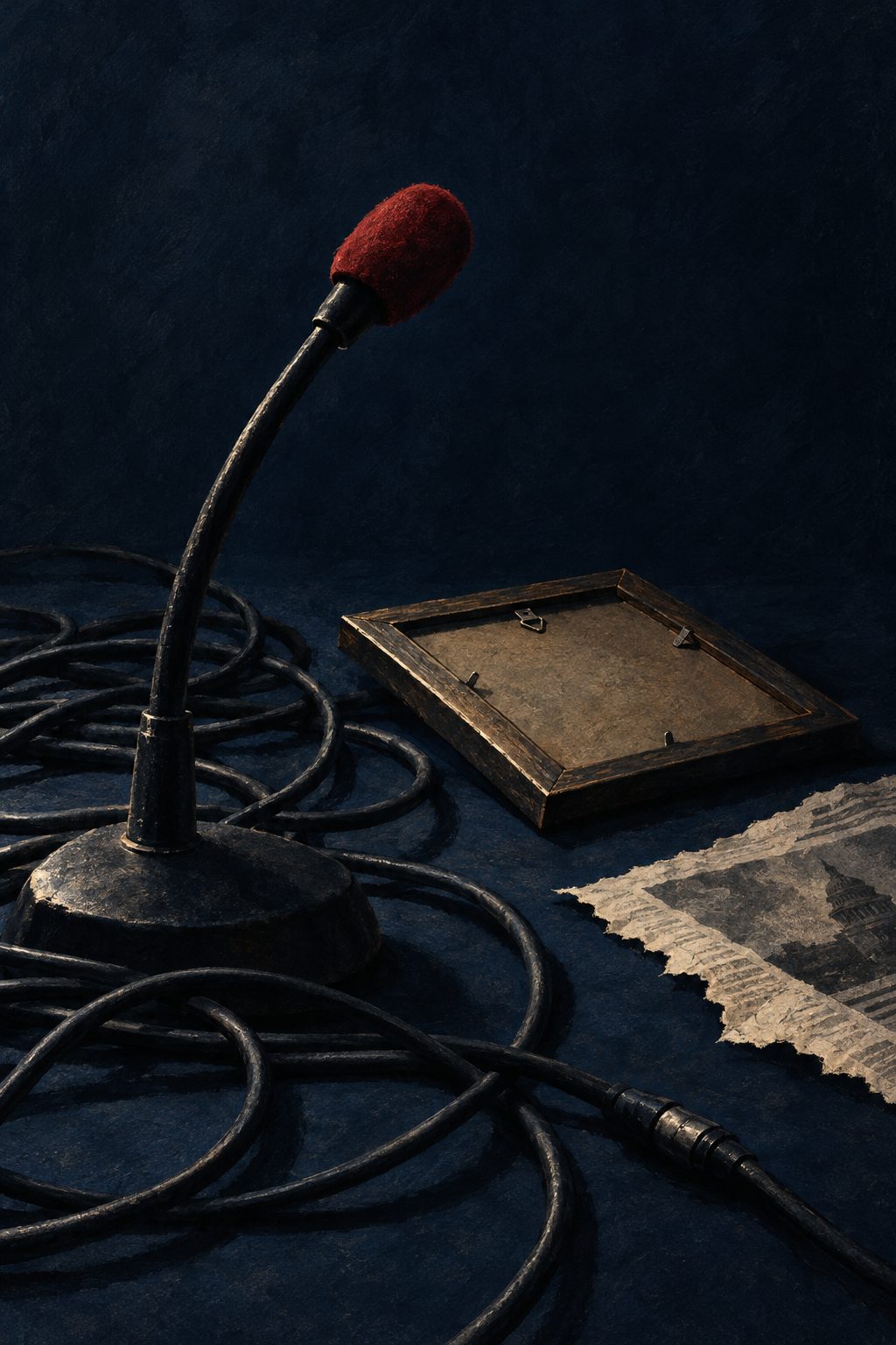 A podium microphone and tangled cables beside a picture frame lying face down