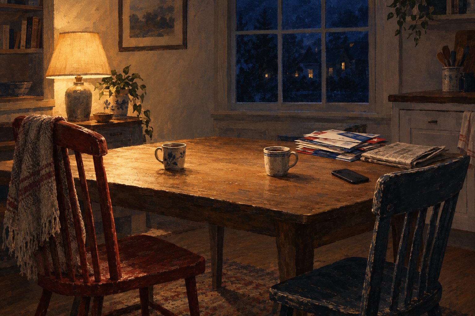 A kitchen table at night with two chairs angled toward each other, two cups of tea and a stack of campaign mail pushed aside